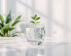Eco Concept &ndash; Glass with Water and Green Plant Representing Sustainability