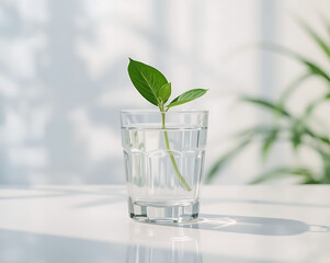 Eco Concept &ndash; Glass with Water and Green Plant Representing Sustainability