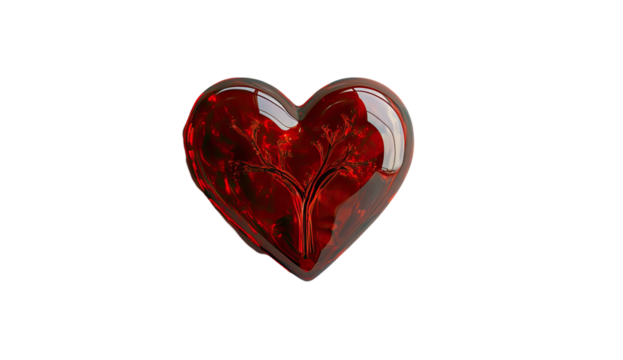 Red, translucent heart with internal reflections against a black background