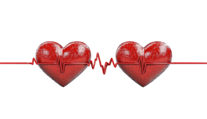 Two textured red hearts linked by a red, heartbeat-like line on black