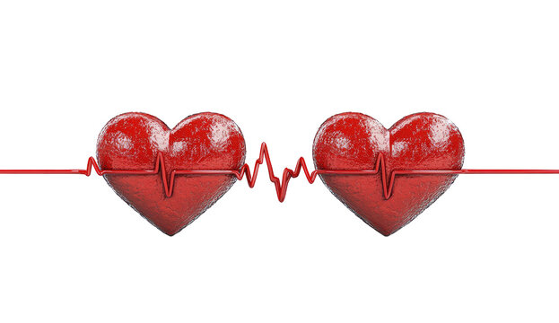 Two textured red hearts linked by a red, heartbeat-like line on black - Powered by Adobe