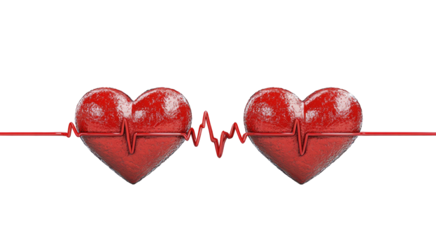 Two textured red hearts linked by a red, heartbeat-like line on black - Powered by Adobe