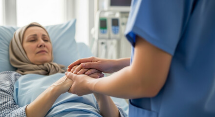 Obraz premium Caring nurse holds hand of patient lying in hospital bed offering comfort and support
