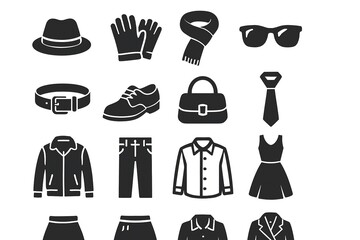 Silhouette illustrations of fashion accessories and clothing items