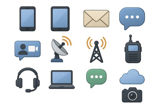 Digital communication icons: smartphone, tablet, email, chat, video call, satellite, antenna
