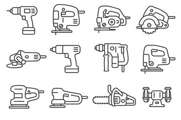 Outline icons of various power tools including drills, saws, and sanders