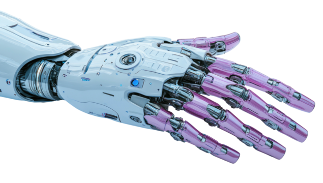 Sleek, white and pink robot hand extends with complex detailing