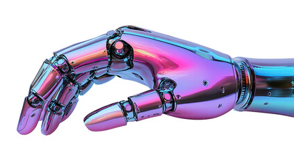 Iridescent, metallic robotic hand against black background, closed fist form