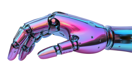 Iridescent, metallic robotic hand against black background, closed fist form
