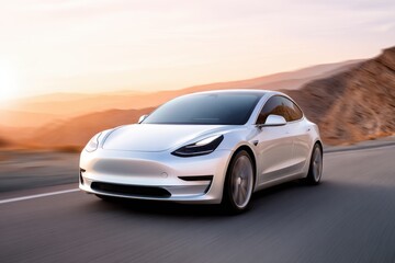 Futuristic electric car driving through desert landscape at sunset, showcasing sleek design and advanced technology with dramatic lighting and scenic backdrop