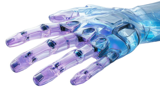 Translucent robotic hand with angular, futuristic design and soft purple hues