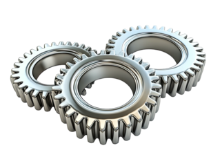 Three interconnected, shiny silver gears against a black background