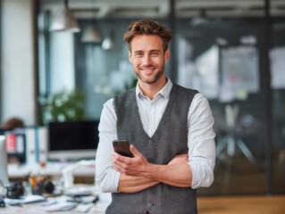 Happy busy professional business man standing in office holding mobile cellphone. Young smiling businessman using smartphone looking at camera using cell phone tech apps at work. Portrait.