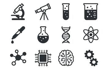 Science and technology icons featuring microscope, telescope, dna, and more