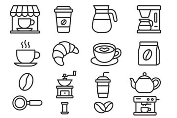 Coffee icons: cafe, cup, croissant, espresso, brewing methods collection