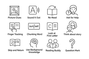 Fototapeta premium Reading strategies icons: enhancing comprehension and critical thinking skills