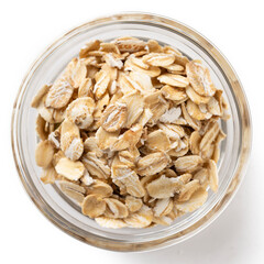 High-quality close-up image of raw rolled oats in a glass bowl, isolated on white background. Perfect for healthy breakfast, diet, and organic food concepts.