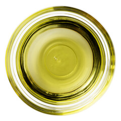 Top view of fresh olive oil in a glass bowl isolated on white background for cooking concepts.