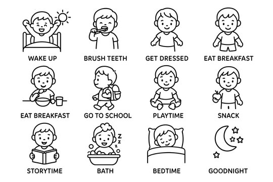 Daily routine of a young caucasian child illustrated in simple line art