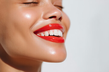 Fototapeta premium Woman with glossy coral lipstick smiling brightly