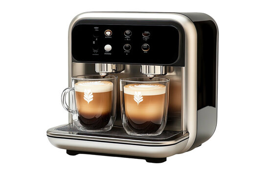 Espresso machine brews two coffees with creamy foam in clear glass cups