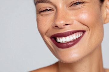 Smiling woman with dark plum lipstick