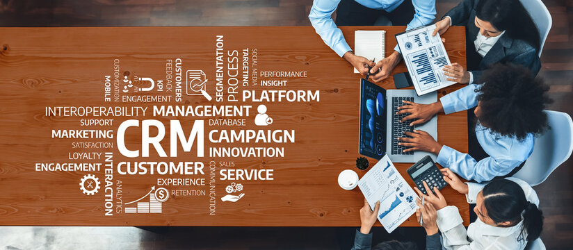 Panorama top view multiracial analyst team use BI dashboard display on laptop screen, analyzing financial data for strategic decision. Fintech analyzes marketing indicators. Concord Amity