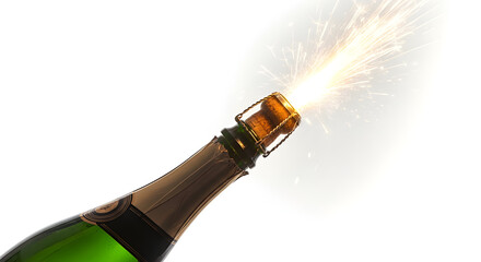 A bottle of sparkling champagne being opened, with the cork popping and the drink cascading. The bottle is a vibrant green, with a golden neck and cork