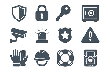 Security and safety icon set featuring locks, cameras, and alarms