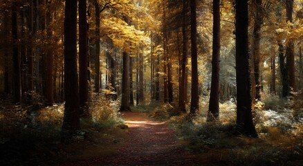 Obraz premium autumn forest path through the woods with golden leaves, a beautiful nature background.