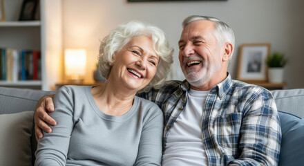 Happy senior couple enjoying a moment of joy together on the couch