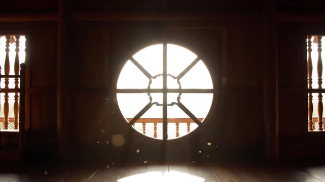 Sunlit round window in dark wood interior, dust motes floating in light beams.  Exterior view partially visible through ornate window frame