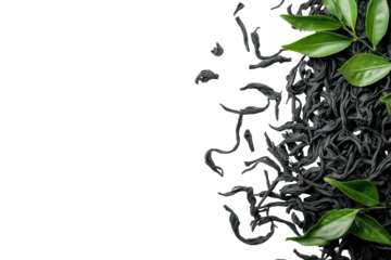 Black tea leaves and green foliage on right edge against a black background