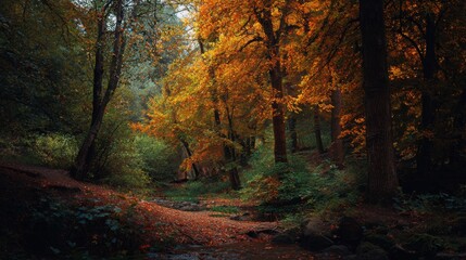 Fototapeta premium Scenic dirt path winding through autumn woods with colorful orange foliage and morning fog creating serene fall hiking trail landscape