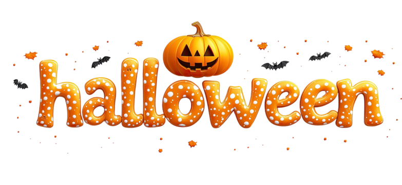 Festive Halloween word art with a pumpkin atop, on a black background