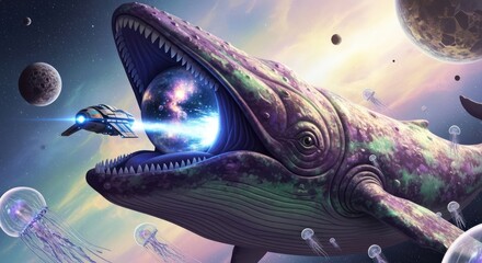 Cosmic whale consuming galaxy with spacecrafts and jellyfish fantastical space scene