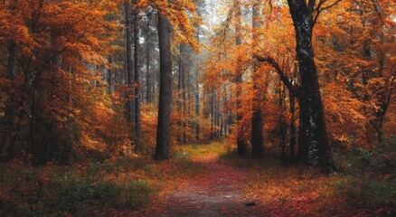 Obraz premium autumn forest path with vibrant orange and brown foliage on trees lining trail creating atmospheric fall landscape scene 