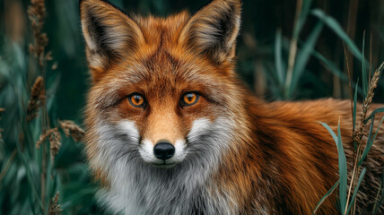 Fototapeta premium Portrait of a red fox in lush grassland during golden hour
