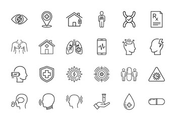 Fototapeta premium Medical and illness line icon set. Vector pictograms of hospital pin, lungs with virus, prescription, shield, test tube, cough, heartbeat, and pill, thin linear illustration.