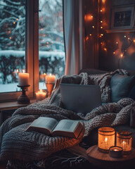 Peaceful indoor scene with glowing candles, knit blanket, open book, , creating a serene and inviting evening atmosphere.
