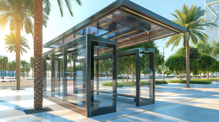 High-tech urban bus shelter with transparent glass walls and solar panel roof, surrounded by palm trees in a sunny tropical setting.
