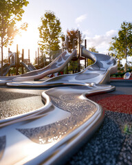 Futuristic Playground with Curved Metal Slides at Sunset
