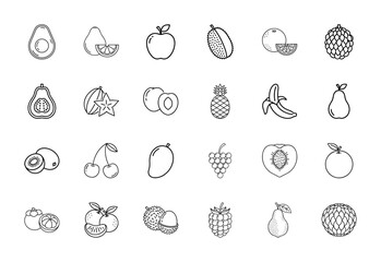 Fruits line icon set. Vector pictograms of avocado, pear, apple, orange, pineapple, banana, kiwi, cherries, mango, grapes, peach, lychee, raspberry, mangosteen, thin linear illustration.