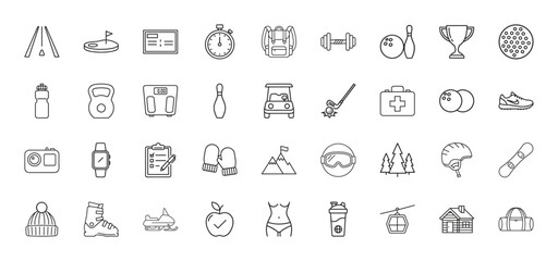 Recreation and activity line icon set. Vector pictograms of golf club, snowboard, dumbbell, helmet, backpack, kettlebell, stopwatch, and water bottle, thin linear illustration.