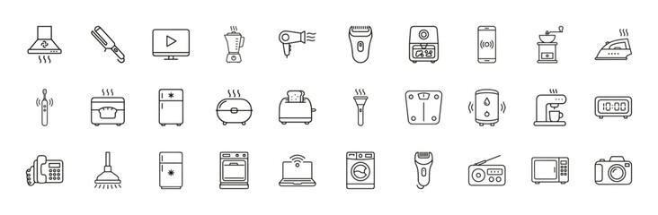 Consumer electronics and home appliances line icon set. Vector pictograms of blenders, toasters, refrigerators, washing machines, and smart devices, thin linear illustration.