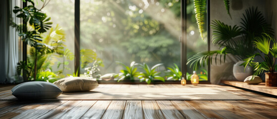 Tranquil indoor yoga space with sunlight and plants

