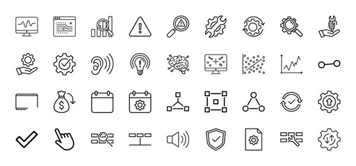 Data analysis and development line icon set. Vector pictograms of charts, warning, brain, settings, security, process, finance, and network, thin linear illustration.