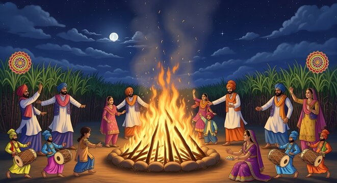 Vibrant community celebrates Lohri festival around a joyous bonfire under a starry night sky amidst sugar cane fields