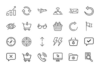 Business and web UI line icon set. Vector pictograms of chart, airplane, mountains, mail, shopping cart, eyeglasses, compass, and monitor, thin linear illustration.