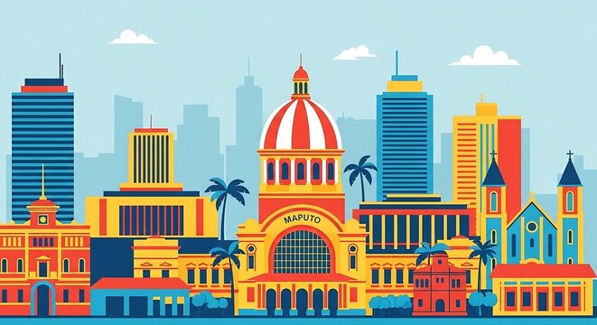 maputo cityscape illustration with vibrant architecture and palm trees against a blue sky evoking travel and tourism ideal for travel blog design